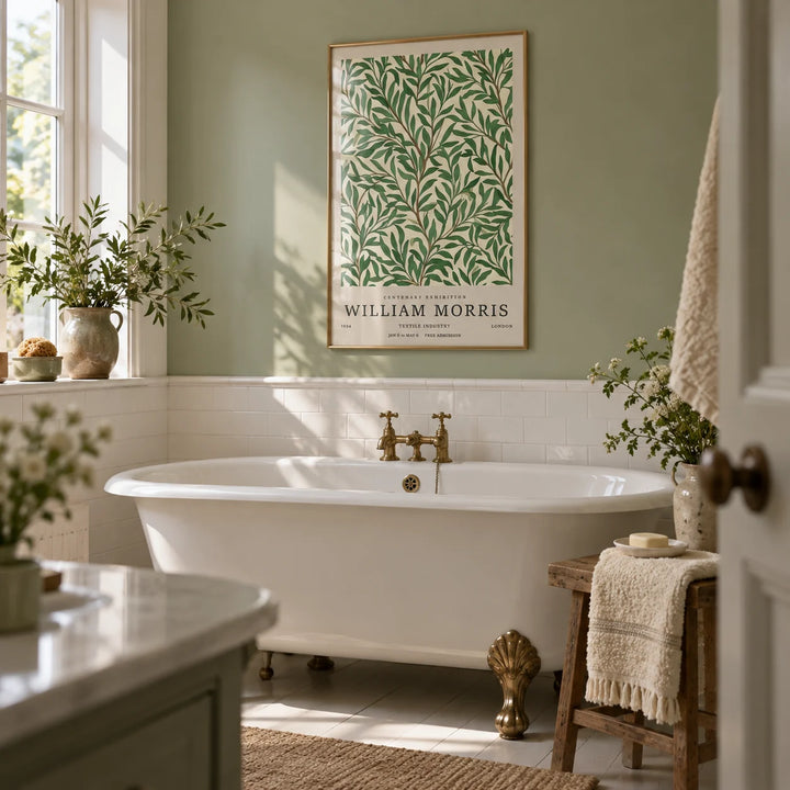 Classic Art Posters, framed on the wall of a cottage bathroom with a soft sage green wall and plain white tiles