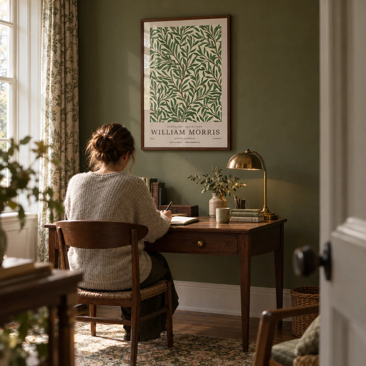 Classic Art Posters, framed on the wall of a quiet study in a period house with an olive green wall