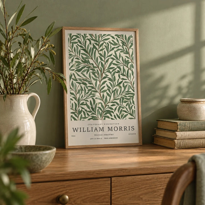 Classic Art Posters, a small A4 framed print leaning on an oak dresser shelf in a living room
