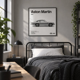Classic British Grand Tourer Poster, framed on the wall of a modern single bedroom for a young adult (18-25) with a light grey wall