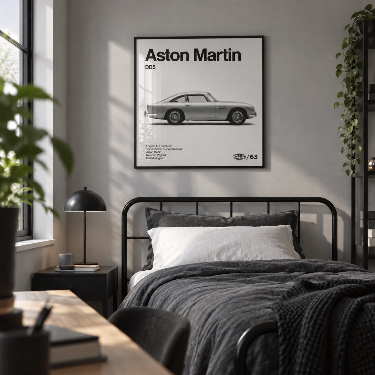 Classic British Grand Tourer Poster, framed on the wall of a modern single bedroom for a young adult (18-25) with a light grey wall