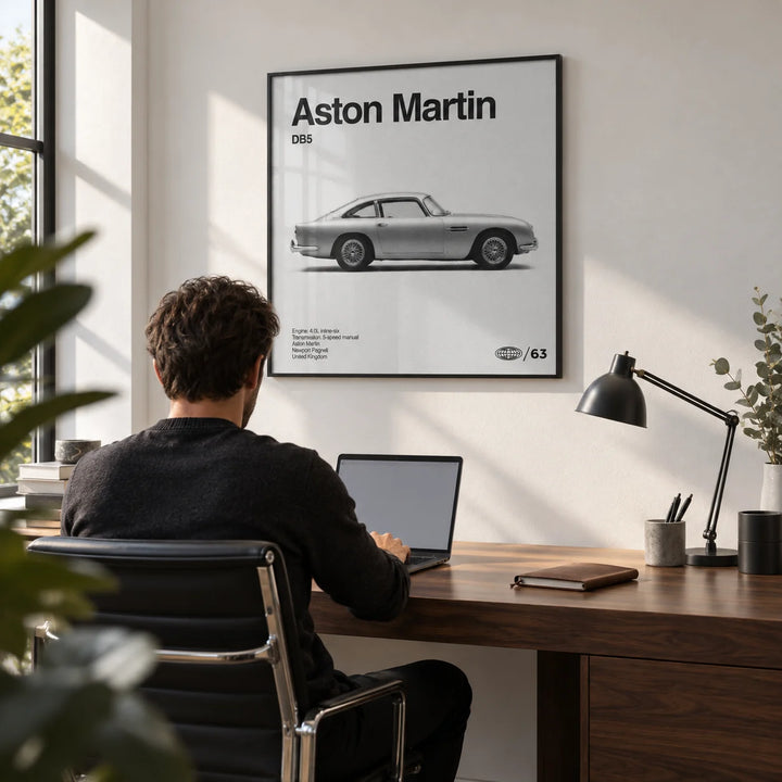 Classic British Grand Tourer Poster, framed on the wall of a smart modern home office with a white wall