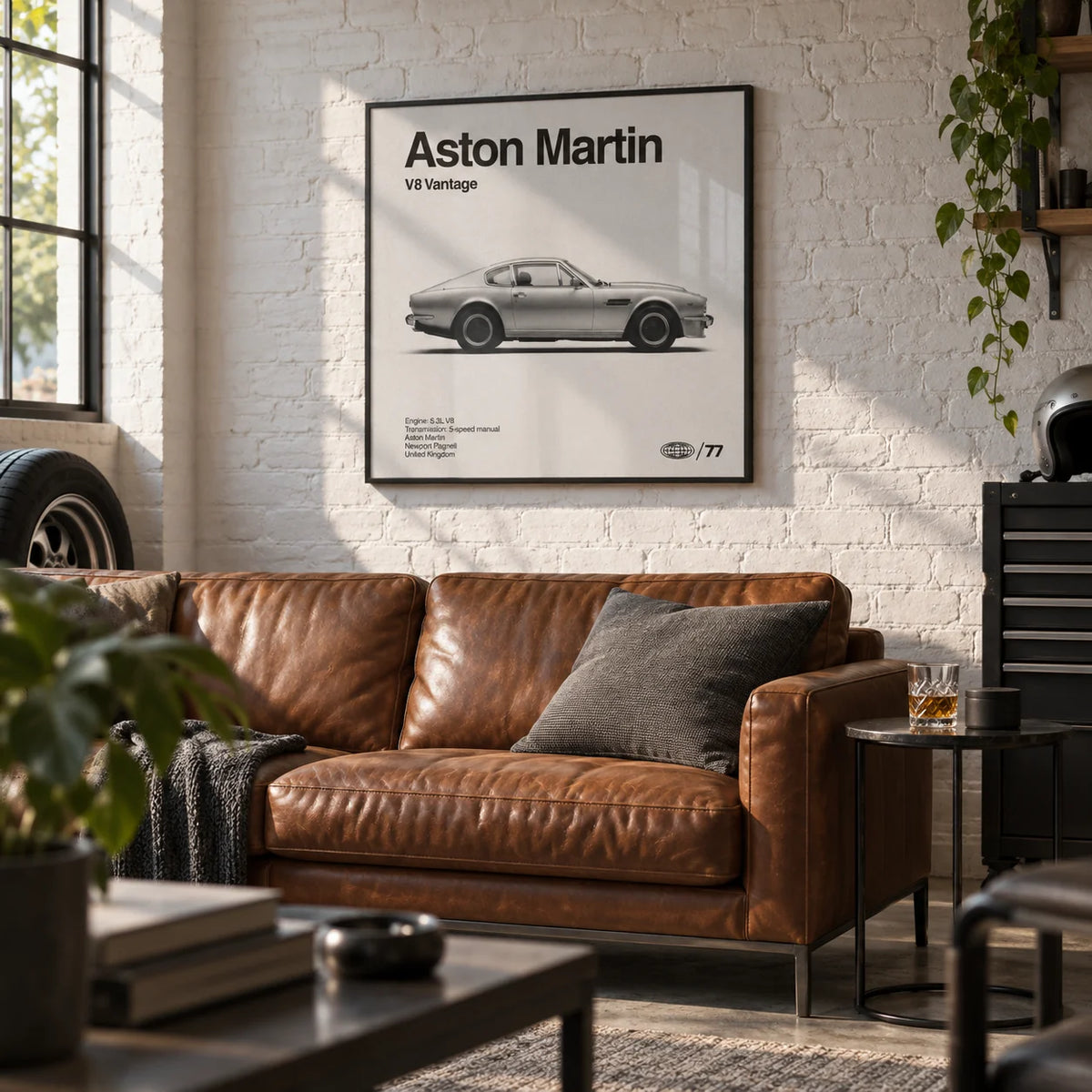 Classic British Muscle Coupe Poster, framed on the wall of a car enthusiast's den in a converted garage with a white painted brick wall in a living room