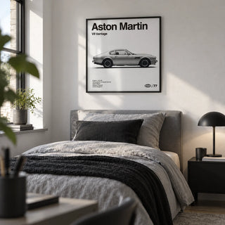Classic British Muscle Coupe Poster, framed on the wall of a crisp single bedroom for a young adult (18-25) with a white wall