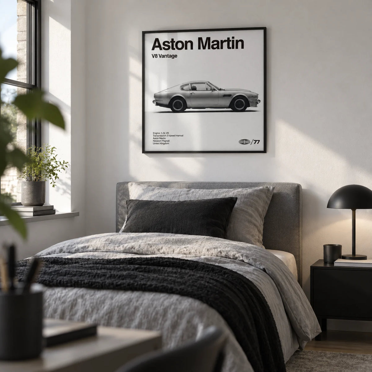 Classic British Muscle Coupe Poster, framed on the wall of a crisp single bedroom for a young adult (18-25) with a white wall