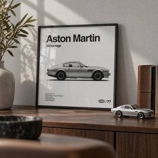 Classic British Muscle Coupe Poster, a small A4 framed print leaning on a walnut shelf in a living room