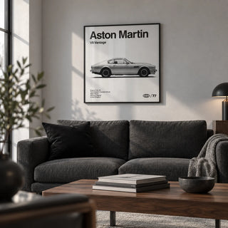 Classic British Muscle Coupe Poster, framed on the wall of a smart townhouse living room with a pale grey wall