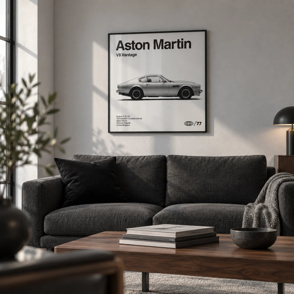 Classic British Muscle Coupe Poster, framed on the wall of a smart townhouse living room with a pale grey wall