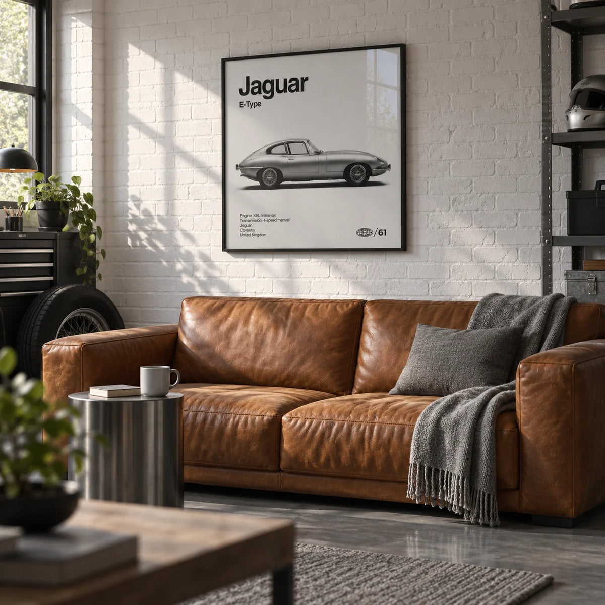 Classic British Sports Car Poster, framed on the wall of a smart converted garage den with a white brick wall and a grey epoxy floor in a living room