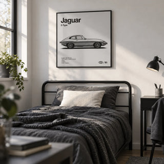 Classic British Sports Car Poster, framed on the wall of a smart single bedroom for a teen boy (13-17) with a white wall