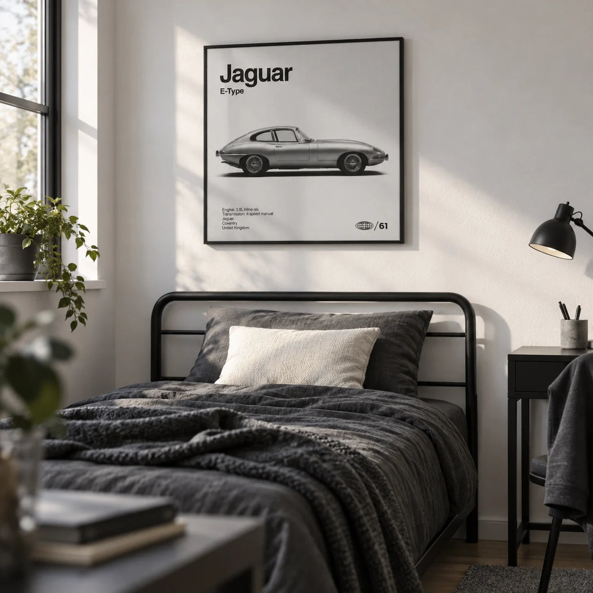 Classic British Sports Car Poster, framed on the wall of a smart single bedroom for a teen boy (13-17) with a white wall