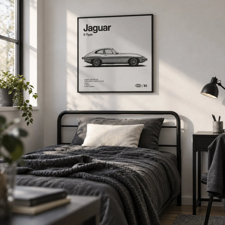 Classic British Sports Car Poster, framed on the wall of a smart single bedroom for a teen boy (13-17) with a white wall