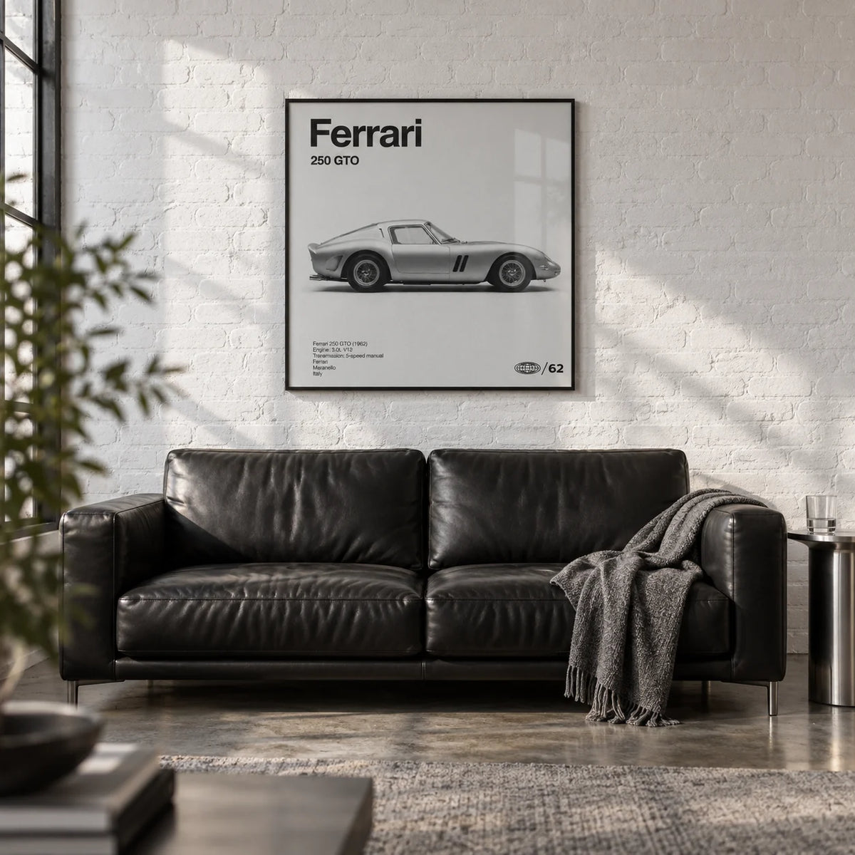 Classic Grand Tourer Poster, framed on the wall of a converted garage den with a white painted brick wall and a polished concrete floor in a living room