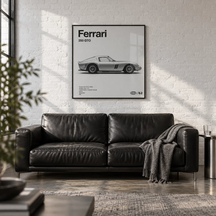 Classic Grand Tourer Poster, framed on the wall of a converted garage den with a white painted brick wall and a polished concrete floor in a living room