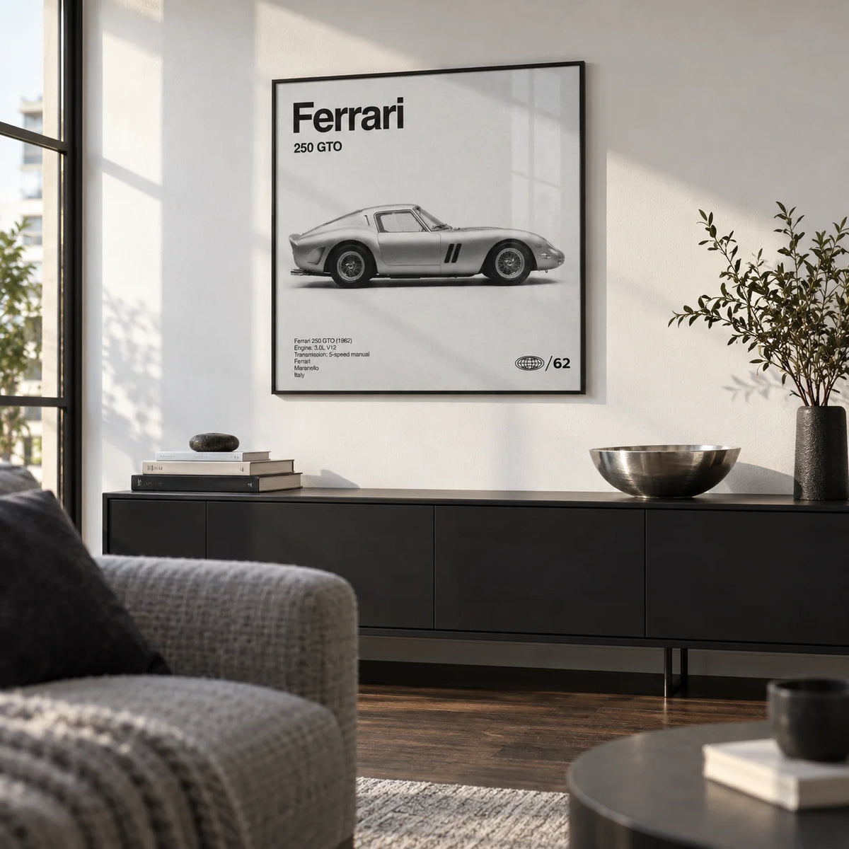 Classic Grand Tourer Poster, framed on the wall of a design-led city flat living room with a white wall and a dark oak floor