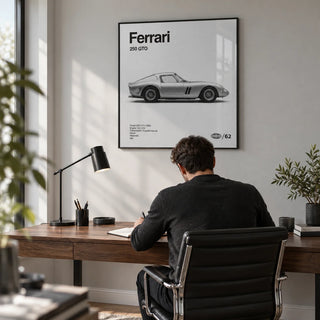 Classic Grand Tourer Poster, framed on the wall of a modern home office with a pale grey wall