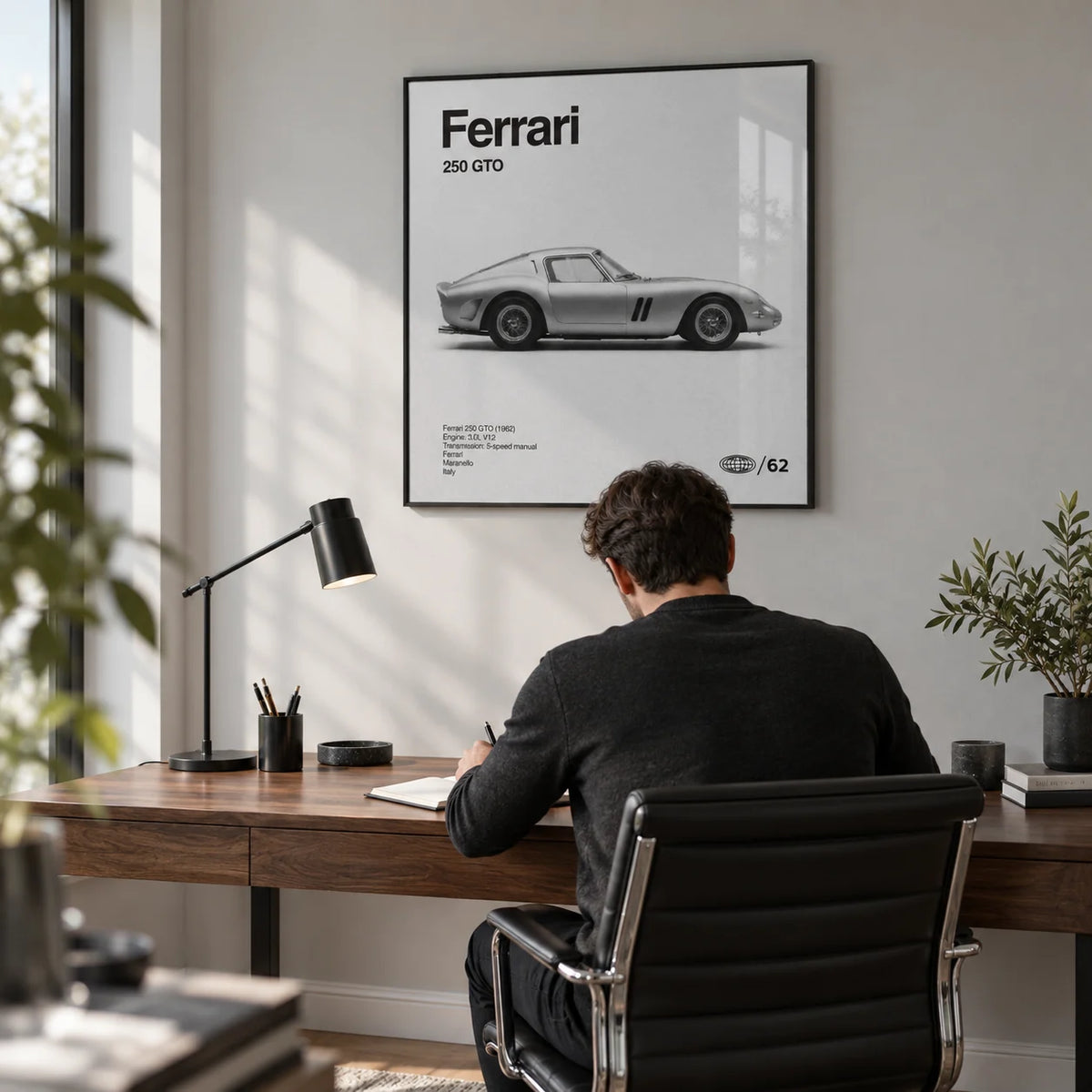 Classic Grand Tourer Poster, framed on the wall of a modern home office with a pale grey wall