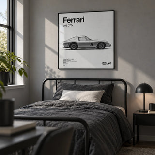 Classic Grand Tourer Poster, framed on the wall of a monochrome single bedroom for a young adult (18-25) with a soft grey wall