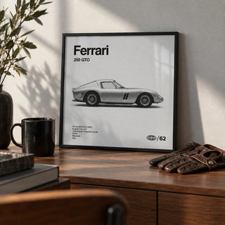 Classic Grand Tourer Poster, a small A4 framed print leaning on a walnut desk