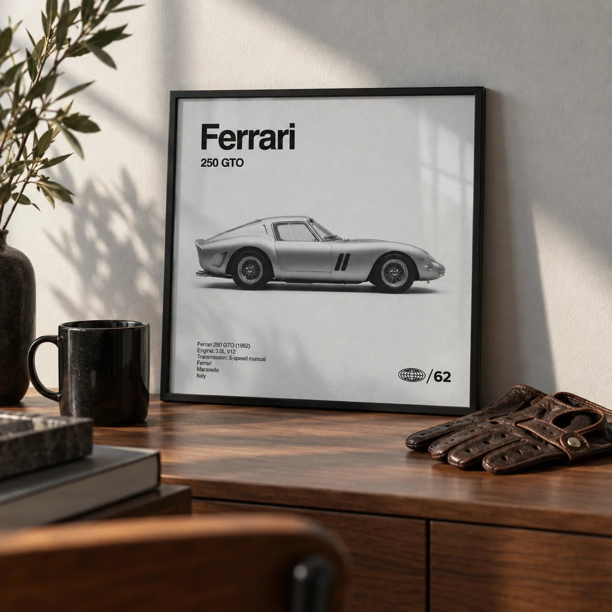 Classic Grand Tourer Poster, a small A4 framed print leaning on a walnut desk