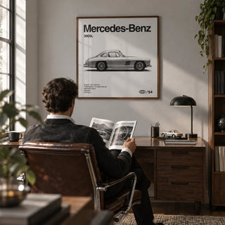 Classic Gullwing Sports Car Poster, framed on the wall of a classic study with a pale grey wall