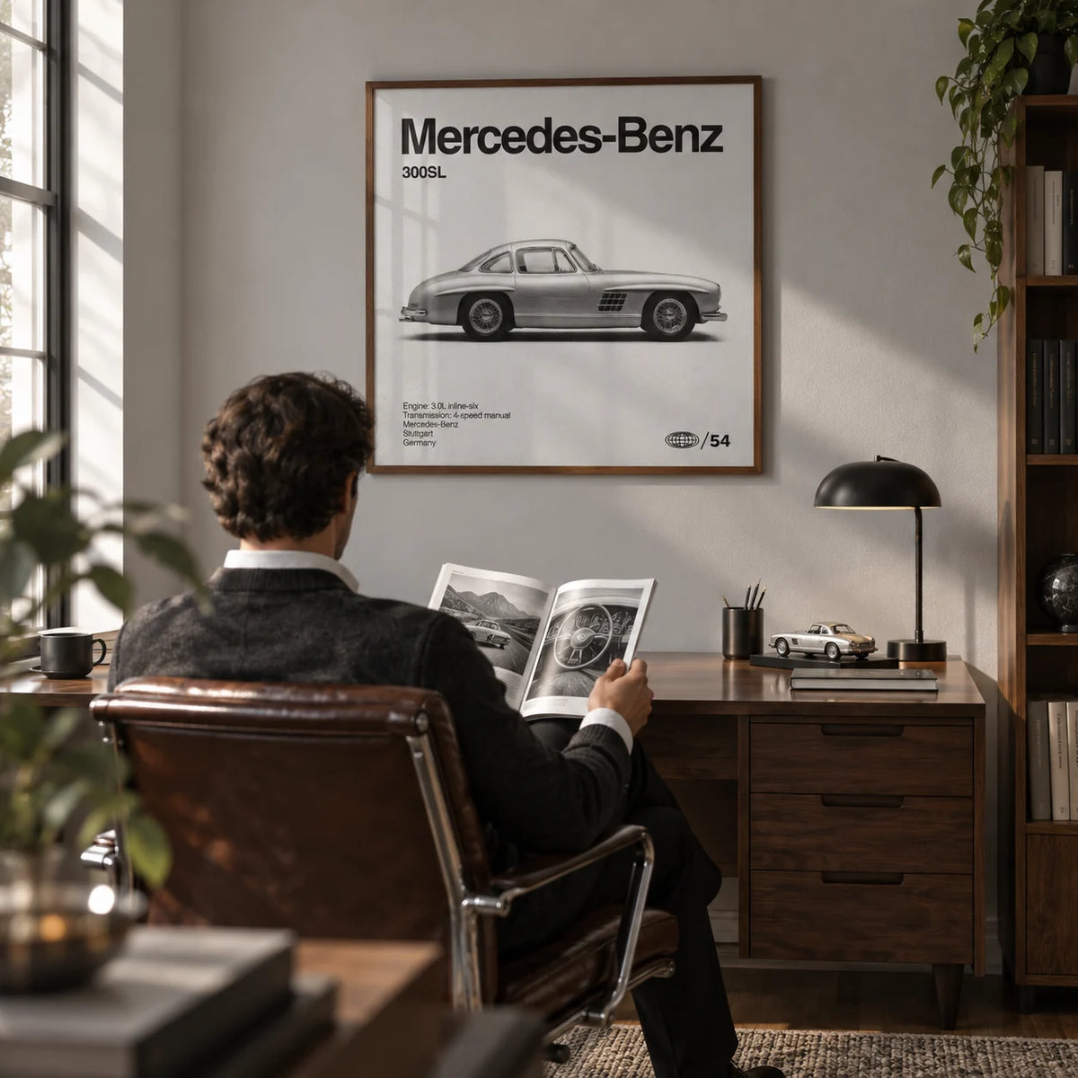 Classic Gullwing Sports Car Poster, framed on the wall of a classic study with a pale grey wall