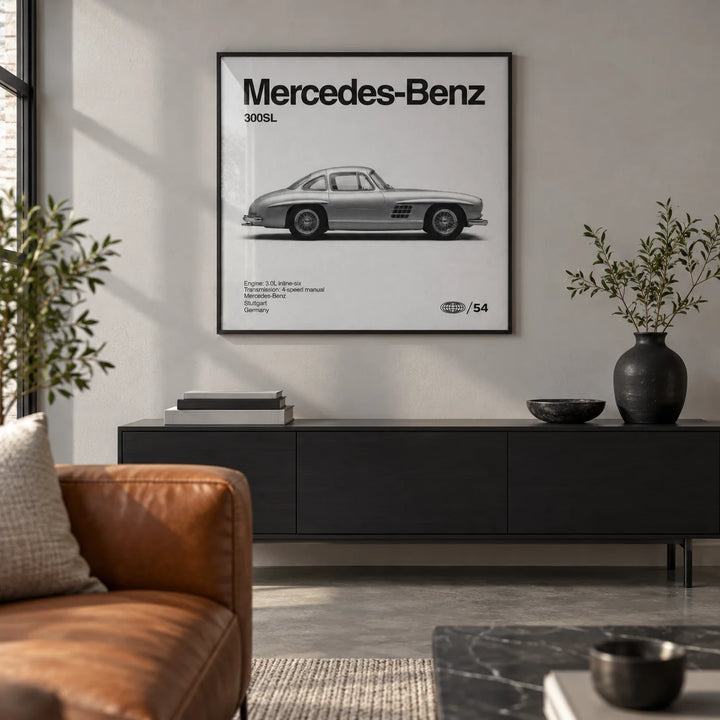 Classic Gullwing Sports Car Poster, framed on the wall of a design-led city flat living room with a soft grey wall and a polished concrete floor