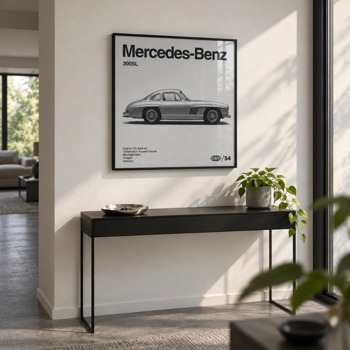 Classic Gullwing Sports Car Poster, framed on the wall of a modern hallway with a white wall and a grey floor