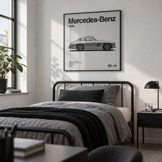 Classic Gullwing Sports Car Poster, framed on the wall of a modern single bedroom for a young adult (18-25) with a white wall
