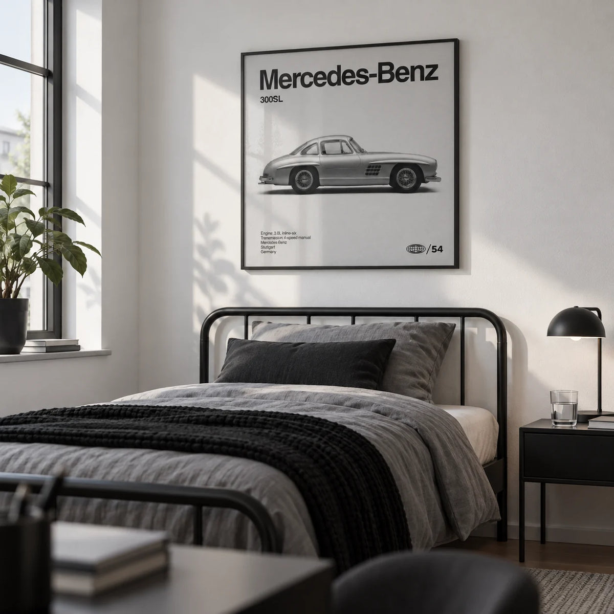 Classic Gullwing Sports Car Poster, framed on the wall of a modern single bedroom for a young adult (18-25) with a white wall