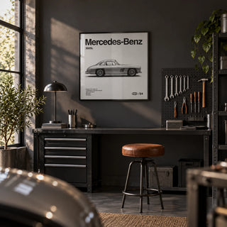 Classic Gullwing Sports Car Poster, framed on the wall of a smart converted garage den with a charcoal painted wall and a dark grey floor