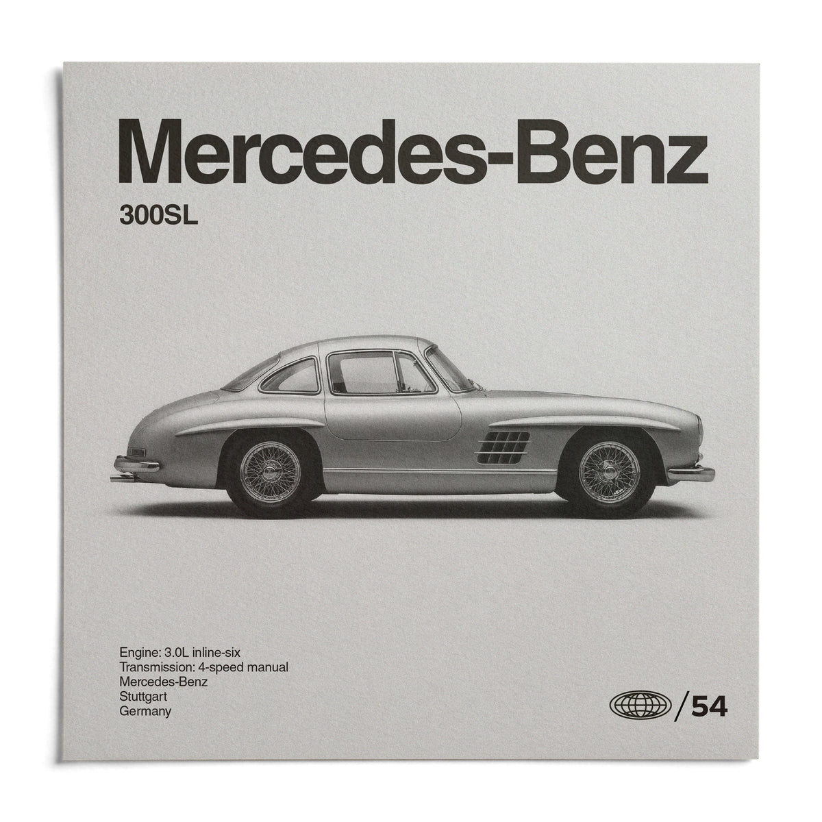 Classic Gullwing Sports Car Poster, shown as an unframed paper print on a plain white background