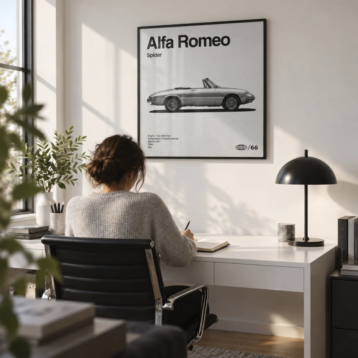 Classic Italian Spider Car Poster, framed on the wall of a modern home office with a white wall