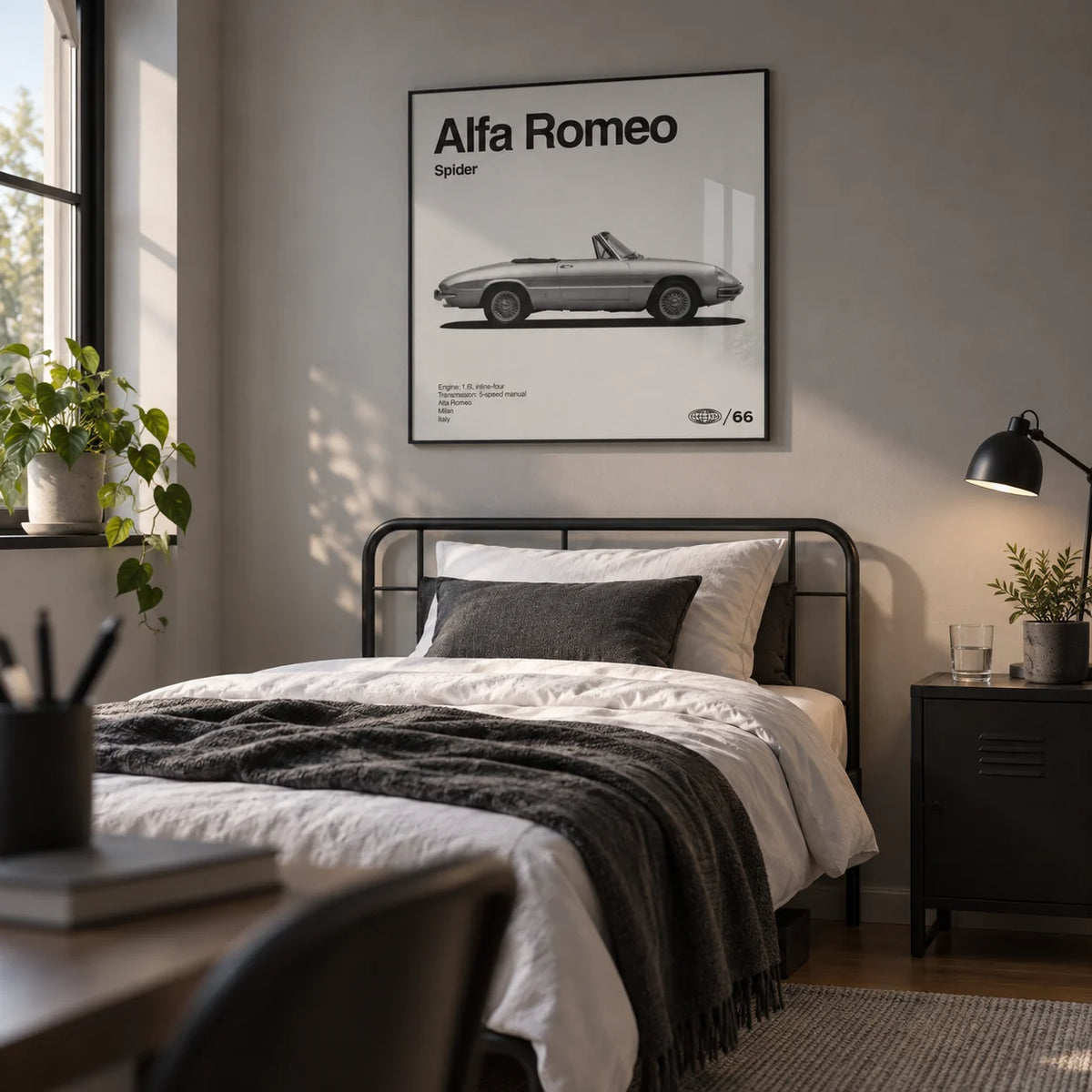 Classic Italian Spider Car Poster, framed on the wall of a modern single bedroom for a young adult (18-25) with a soft grey wall