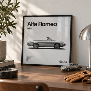 Classic Italian Spider Car Poster, a small A4 framed print leaning on a walnut desk