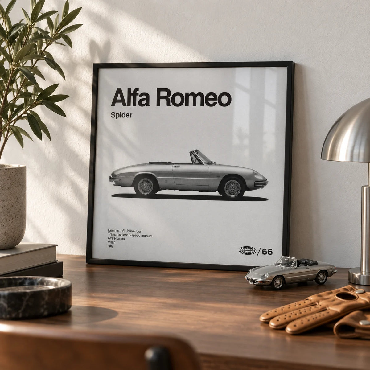 Classic Italian Spider Car Poster, a small A4 framed print leaning on a walnut desk