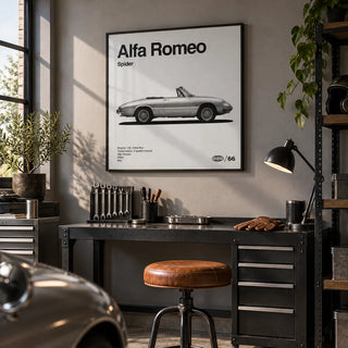 Classic Italian Spider Car Poster, framed on the wall of a smart converted garage den with a soft grey wall