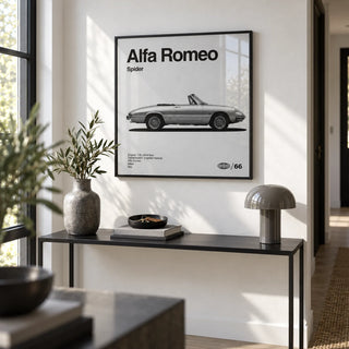 Classic Italian Spider Car Poster, framed on the wall of a smart hallway with a white wall