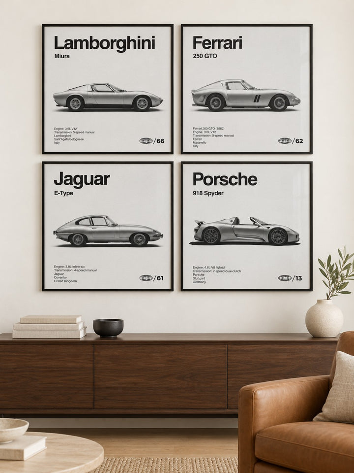 Classic Supercars Poster Set of 6 hung at eye level above a walnut sideboard in a living room: Classic 1960s Supercar, 1960s Racing Coupe and Classic British Roadster shown framed side by side (frames not included)
