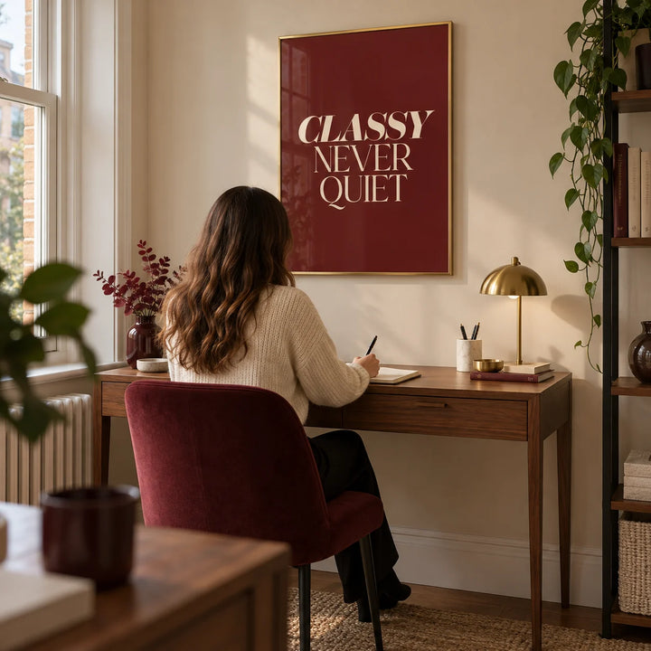 Classy Wall Art, framed on the wall of a compact modern home office in a UK flat with a warm cream wall