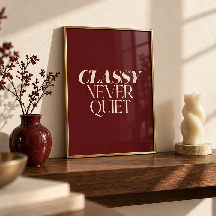 Classy Wall Art, a small A4 framed print leaning on a walnut shelf in a living room
