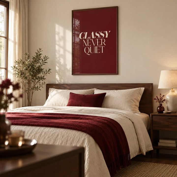 Classy Wall Art, framed on the wall of a tailored contemporary bedroom for a woman aged 25-40 with cream walls and dark timber furniture