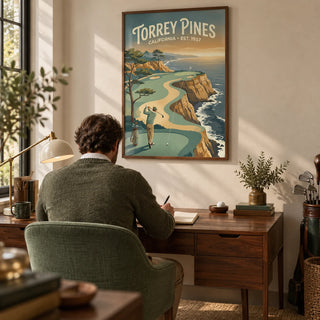Clifftop Golf Wall Art, framed on the wall of a characterful home study for a golf enthusiast with a warm ivory wall and walnut furniture