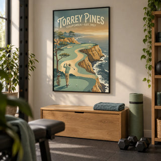 Clifftop Golf Wall Art, framed on the wall of a compact home gym in a converted UK spare room with a pale warm grey wall and plain dark rubber flooring