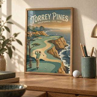 Clifftop Golf Wall Art, a small A4 framed print leaning on a small oak desk