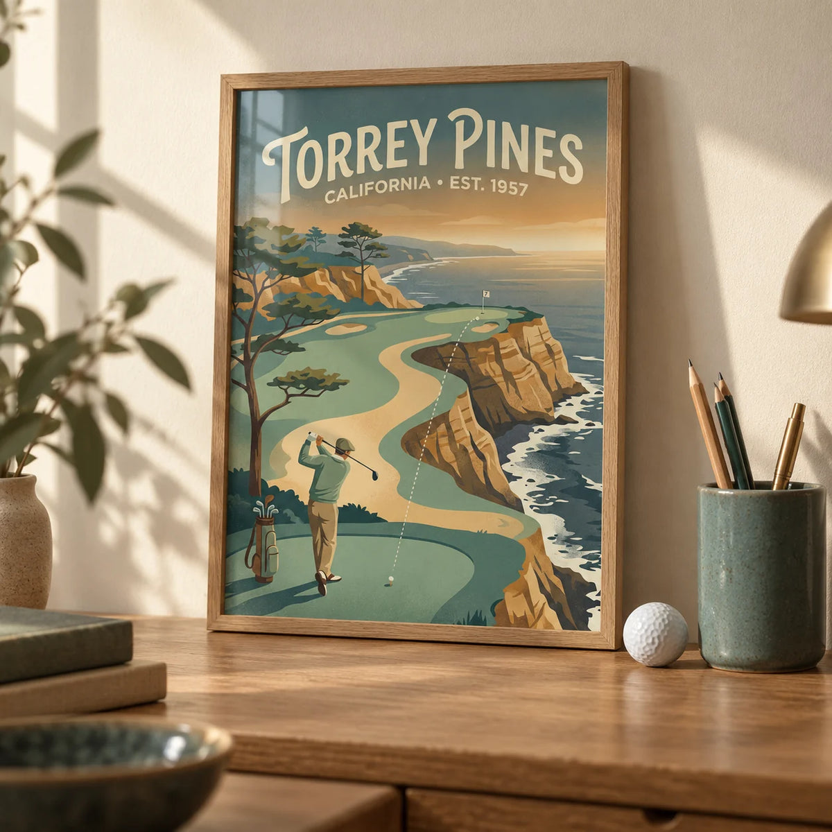 Clifftop Golf Wall Art, a small A4 framed print leaning on a small oak desk