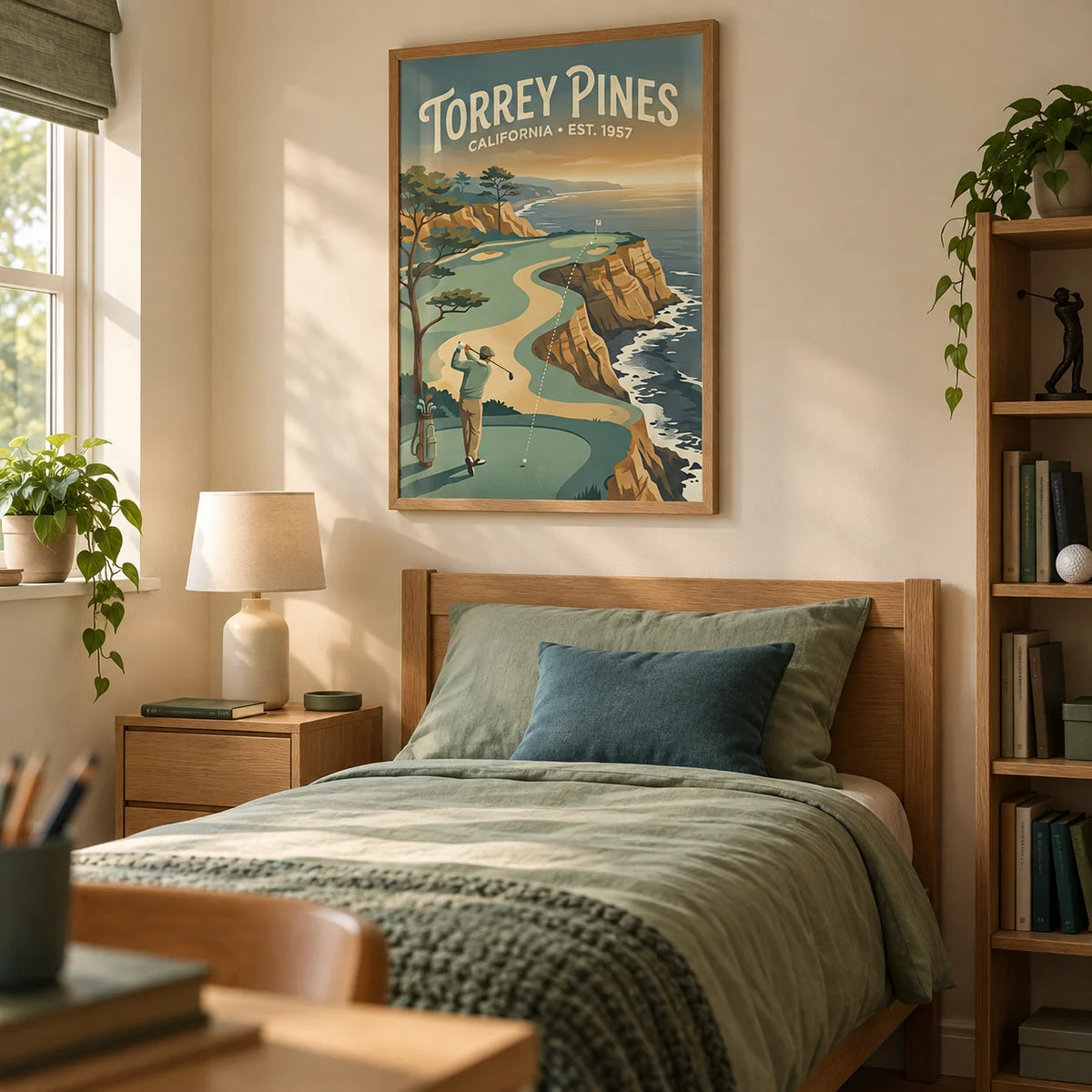 Clifftop Golf Wall Art, framed on the wall of a tidy single bedroom for a golf-loving teenager (13-17) in a UK family home