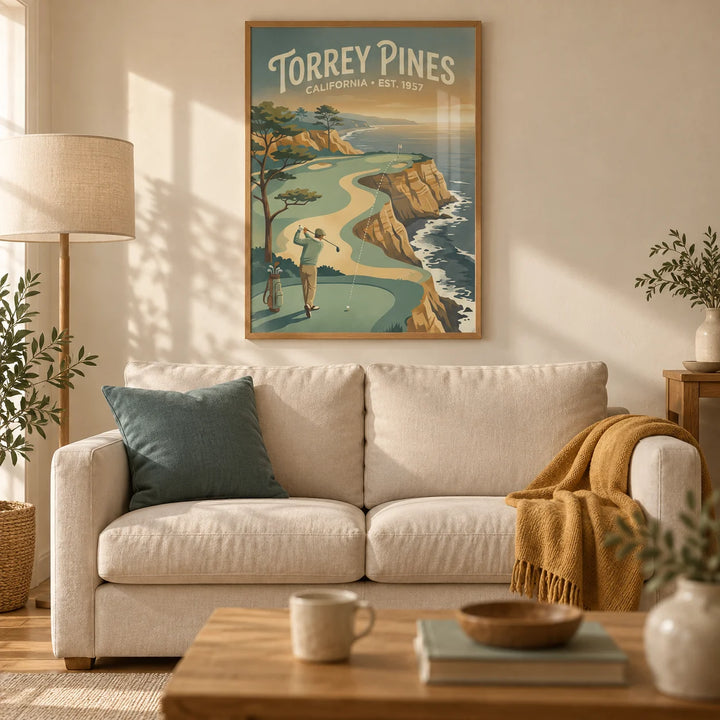 Clifftop Golf Wall Art, framed on the wall of a warm coastal living room in a UK semi-detached home with cream plaster walls and an oak floor