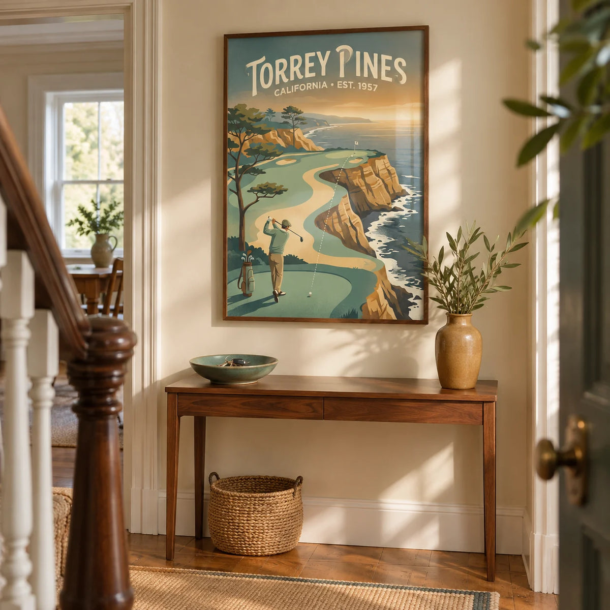 Clifftop Golf Wall Art, framed on the wall of a welcoming hallway in a period UK terrace with cream walls and warm wood flooring
