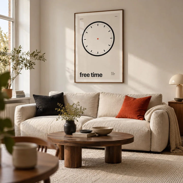 Clock Print, framed on the wall of a design-led living room in a UK flat with warm white walls